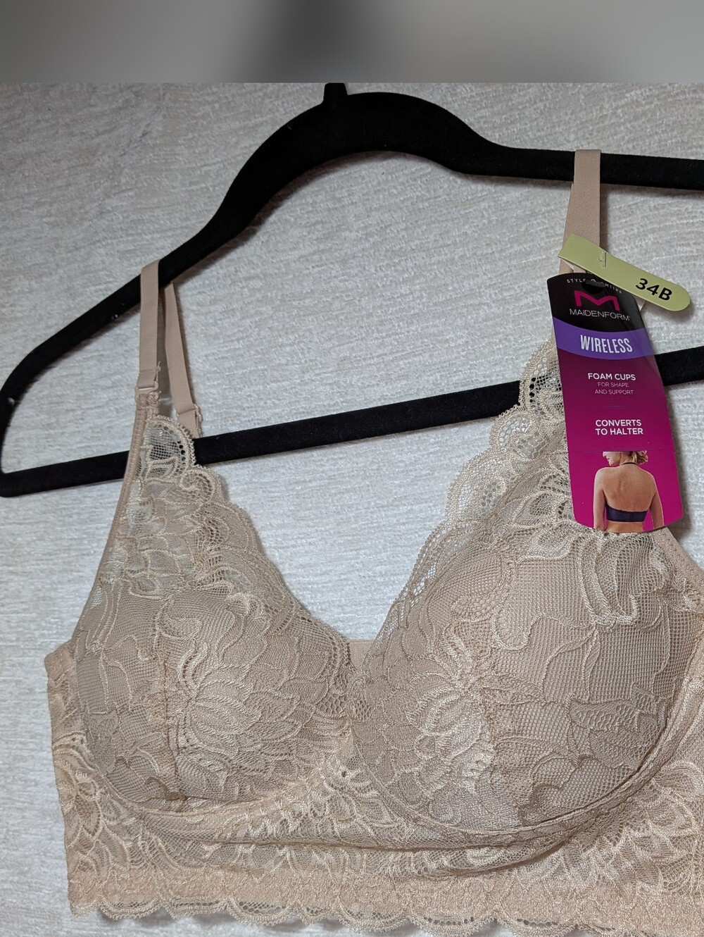 Maidenform Lace Wireless Bralette - Beige 34B Convertible To Halter NWT